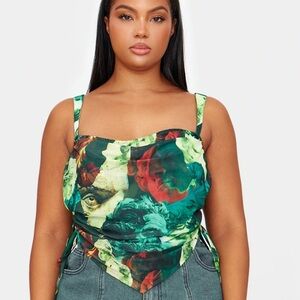 Prettylittlething abstract green mesh crop top